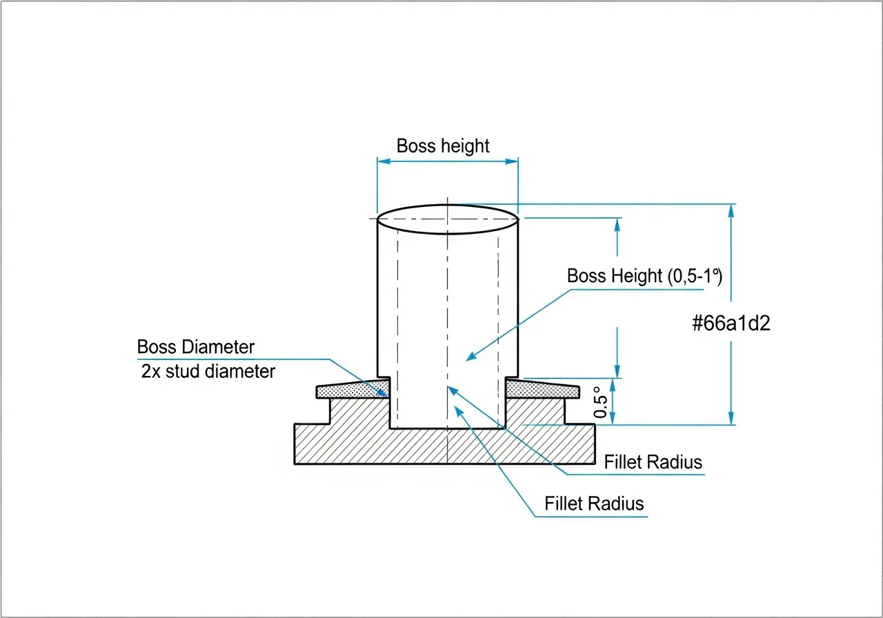 Heat stake boss design diagram showing hole geometry and insert seating