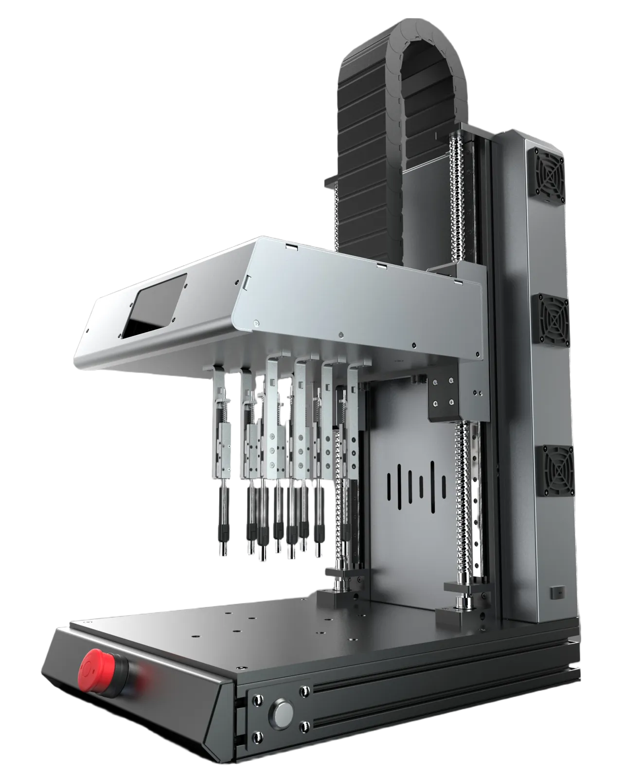 A bench-mounted heat staking machine with the tooling tip retracted